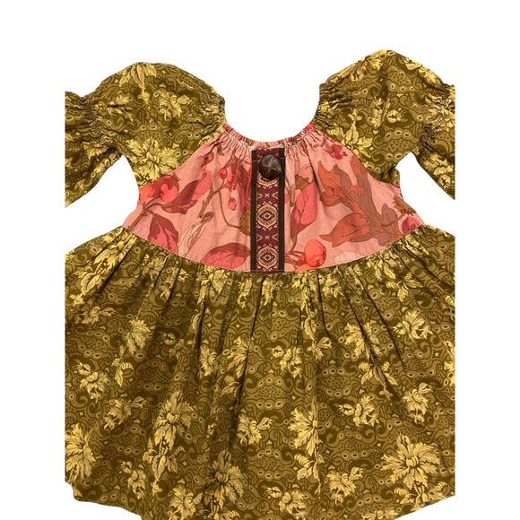 MATILDA JANE Calico Peasant Top Dress Olive Green/Pink Mauve Wood Button Sz 4 - Picture 2 of 5